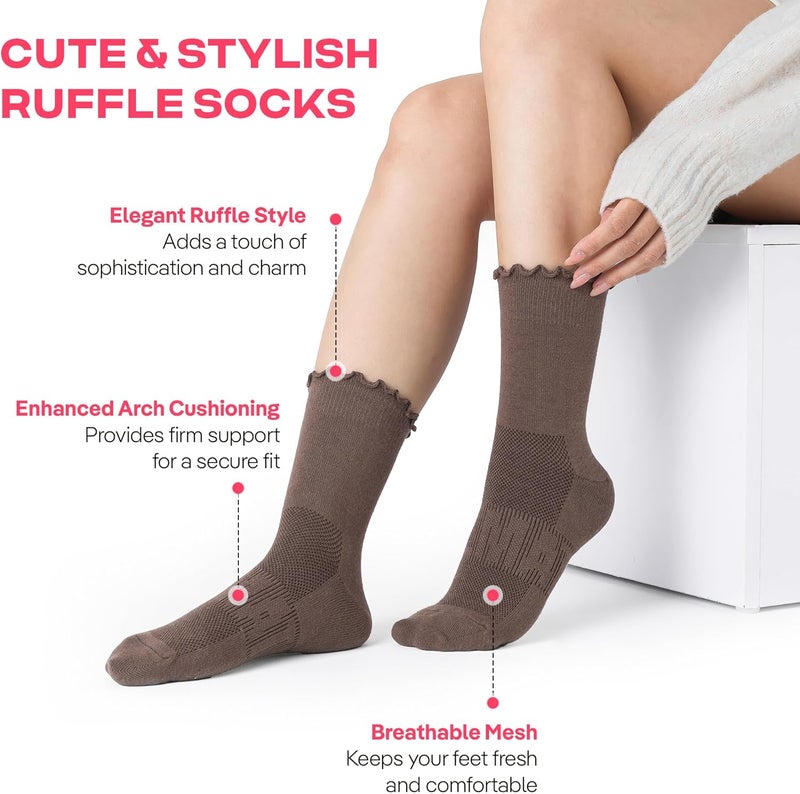 CoolMate Store 3 Pairs Womens Ruffle Socks, Cute Cotton Blend Crew Socks, Turn-Cuff Frilly Ankle Socks for Women - Image 2